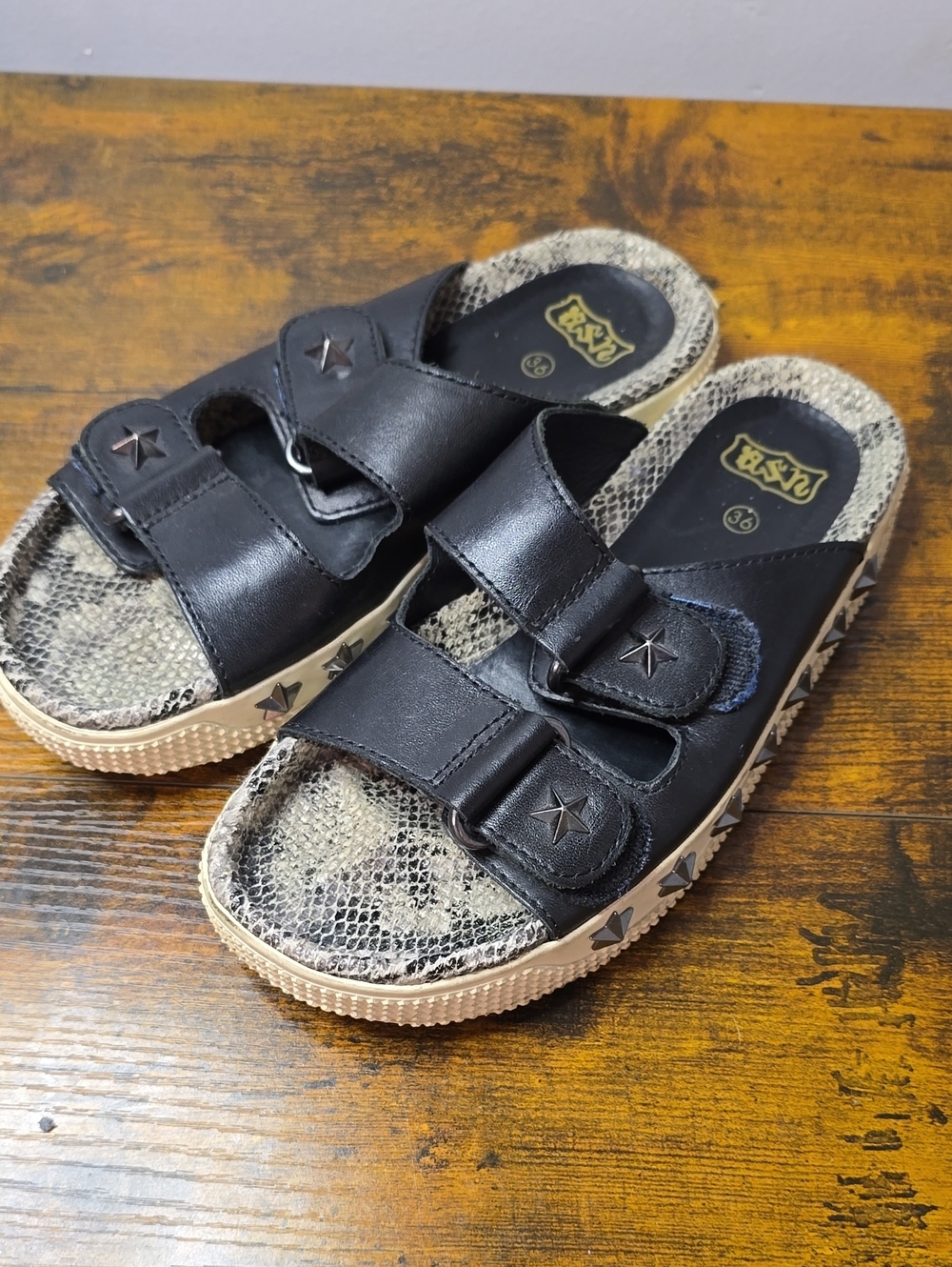 ASH "Kab" Black Leather Gunmetal Star Studded Slides